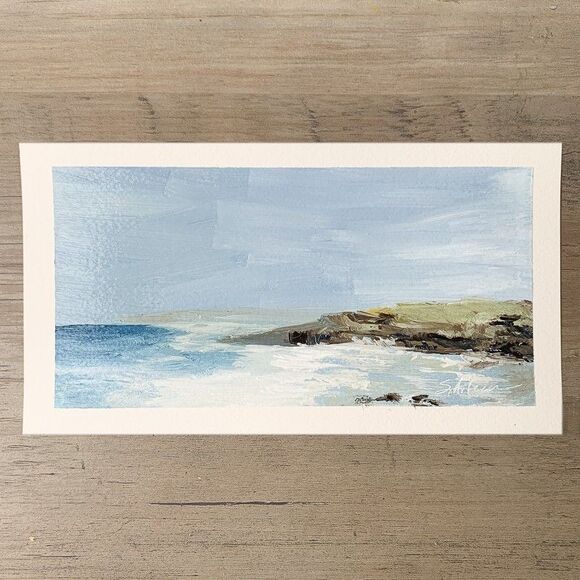 Original Oil Painting Modern Coastal Seascape Impressionist on Paper 5x9 Signed - Picture 1 of 3